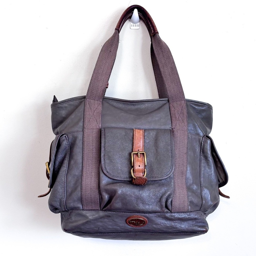 Fossil Vintage Leather Tote Satchel Shoulder Bag Large Gray Buckle Utility Charm